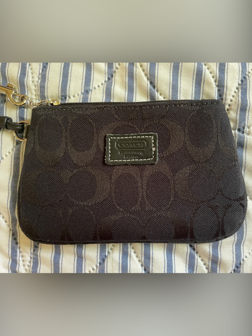 Coach Black Signature Zip Wristlet Phone Case with Gold Hardware